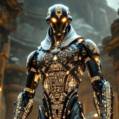 The primary subject of the image is a futuristic robot with a metallic appearance. The robot is the main focus of the image, and it is standing in a dark environment. The visual style of the image is digital art, as it appears to be a computer-generated or digitally rendered creation. The colors and mood of the image are dark and mysterious, with the robot's metallic surface reflecting the light in the scene.